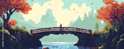 Pixel art scene of lone figure on bridge amid autumn trees and tranquil river.