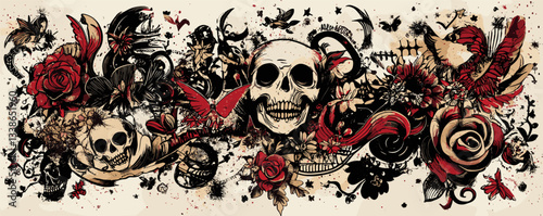 Intricate tattoo-inspired skull design with roses and birds in red and black art.