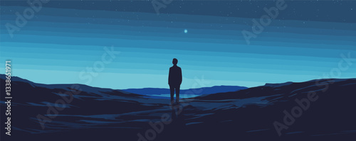 Silhouette of a lone person staring at starry sky over vast desert landscape at night.