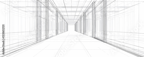 Futuristic architectural corridor rendering with geometric lines and perspective depth.