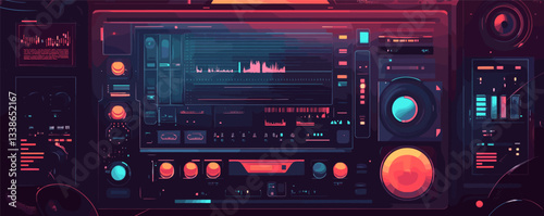 Retro futuristic audio console with glowing lights and graphical display in neon colors.