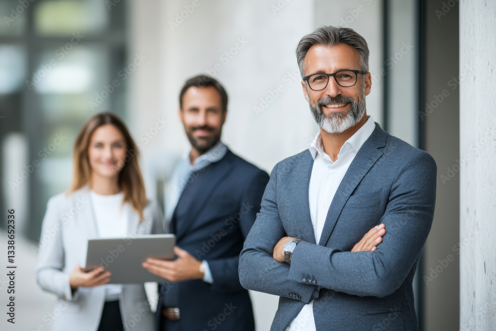 Professional business team smiling confidently together Professional business team smiling confidently together