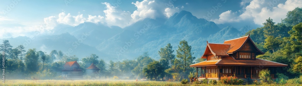 a charming wooden house nestled in a serene mountainous landscape, embraced by nature's beauty. a charming wooden house nestled in a serene mountainous landscape, embraced by nature's beauty.