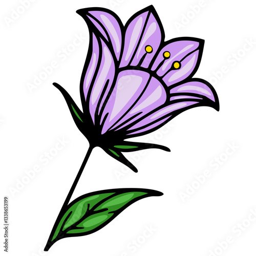 A vector stylized illustration of a purple bellflowers with a green stem and leaves. The bellflowers has five petals and three yellow stamen in the center, showcasing a vibrant and cheerful design.