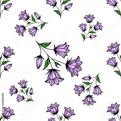 A vector seamless pattern featuring various purple bellbellflowers with green leaves on a white background. The design includes clusters of bellbellflowers and single blooms.