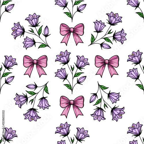 A vector seamless pattern featuring purple bellbellflowers and pink bows on a white background. The design is vibrant and decorative, suitable for textiles or wallpapers.