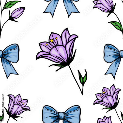 A vector seamless pattern featuring purple bellbellflowers and blue bows on a white background. The bellbellflowers are stylized with delicate petals and green leaves.