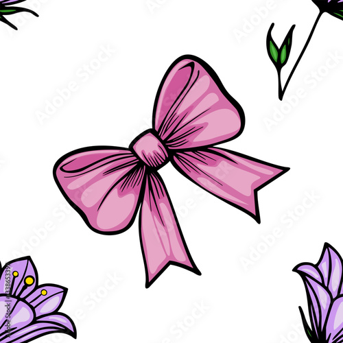 A vector vibrant pink bow surrounded by bellflowers elements on a white background, showcasing a playful and cheerful design.