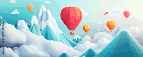 Colorful hot air balloons soaring over snowy mountains and clouds in a clear blue sky.