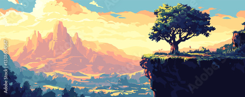 Lone tree on cliff overlooking vast mountain landscape at sunset with colorful sky.