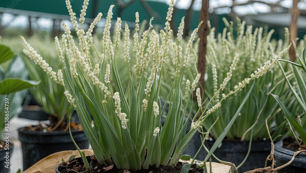 Obraz premium Green strings of pearl plant with delicate white flowers growing in black pots on a bright sunny day, showcasing lush greenery in a garden setting.