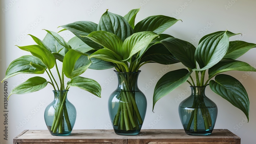 Three elegant glass vases with lush green Hosta leaves, arranged symmetrically on a wooden table against a neutral wall background. Three elegant glass vases with lush green Hosta leaves, arranged symmetrically on a wooden table against a neutral wall background.