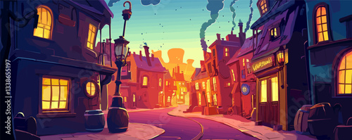 Colorful sunset over charming old town street with warm glowing windows and smoky chimneys.