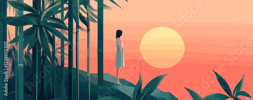Woman standing in jungle at sunset, gazing at sun amidst tall bamboo stalks.