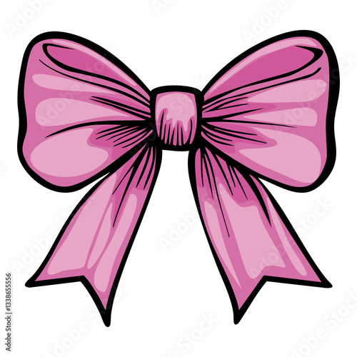 A vectors vibrant pink bow with a glossy finish, featuring wide loops and long tails. The bow is illustrated with bold outlines, giving it a playful and cheerful appearance.