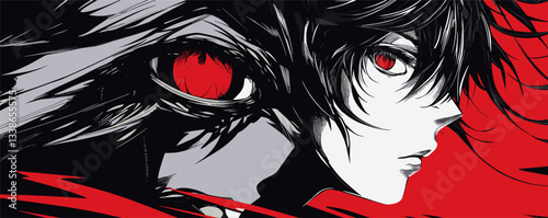 Dynamic anime character with red and black design, intense eyes, and abstract background.