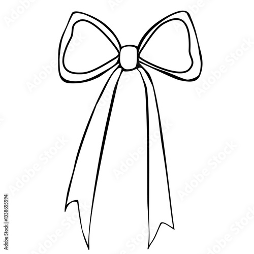 A vectors simple outline of a decorative bow with two long ribbons hanging down.