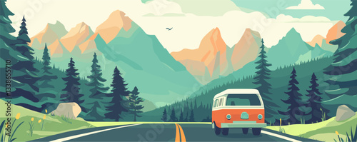 Classic van driving through scenic mountain landscape with pine trees and clear sky.
