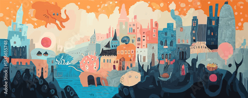 Colorful abstract cityscape with floating elephant in surreal sky.