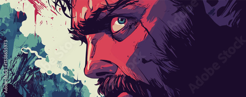 Intense close-up of a bearded man in dramatic artistic style with fierce expression.