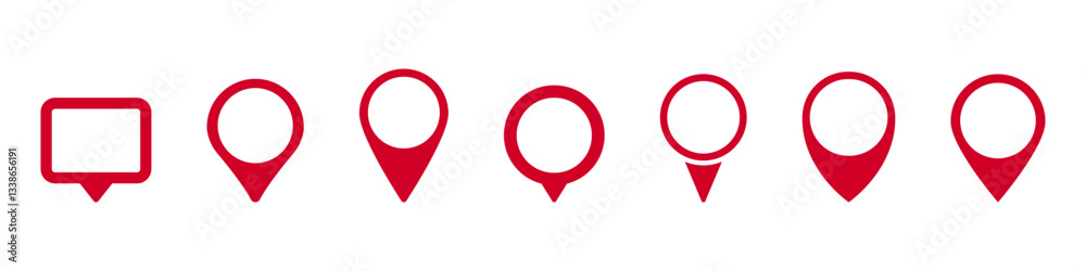 A set of red location markers with diverse shapes highlighting points of interest or destinations.