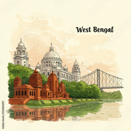 Kolkata Landmarks Illustration: Victoria Memorial & Howrah Bridge