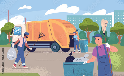 Garbage truck loading. Street cleaners load containers into trash car, collect waste in dustbins city street recycle rubbish workers municipal service, classy vector illustration