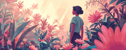 Young woman standing in lush floral garden at sunrise in dreamy illustration.