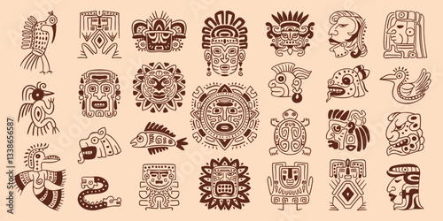 Mayan totem symbols. Maya civilization pattern, inca aztec tribal indigenous ornate ancient mexican or native american indian ethnic art symbol, tattoo swanky vector illustration