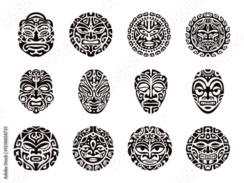 Maori mask. Polynesian tribal ritual masks pattern face tattoo, tiki mayan african peru aztec ethnic totem mythology traditional art symbol design set, swanky vector illustration