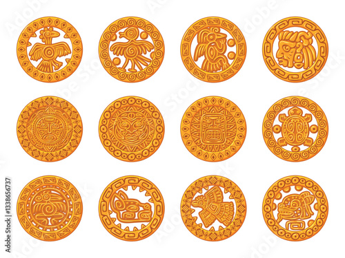 Maya golden ornament. Mayan gold coin game ui icons, aztec inca mexican ancient currency indian tribal medallion ethnic round frame aboriginal treasure, swanky vector illustration