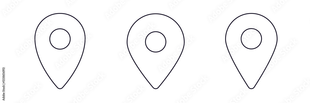 Three identical location pin icons arranged in a straightforward and clean linear alignment. Three identical location pin icons arranged in a straightforward and clean linear alignment.