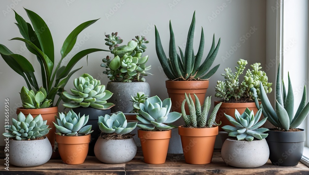 Diverse collection of potted succulent plants in terracotta and gray pots arranged on a wooden shelf against a light wall background.