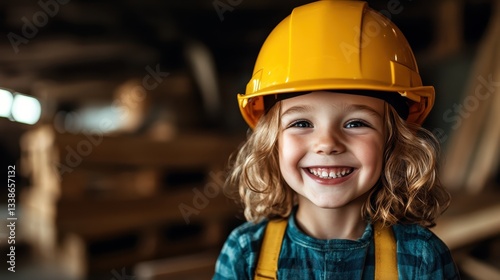 A joyful child with curly hair and a yellow helmet flashes a big smile, showcasing enthusiasm and playfulness while embodying the spirit of creativity and adventure in a worksite.