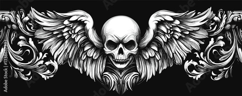 Skull with intricate wings and floral ornaments on black background.