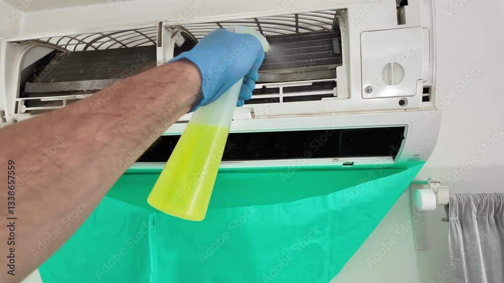 Man cleaning and maintaining air condition unit at Man cleaning and maintaining air condition unit at home. Man cleaning and maintaining air condition unit at Man cleaning and maintaining air condition unit at home.