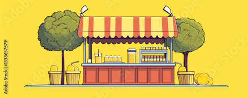 Lemonade stand with fresh juices and snacks under striped awning.