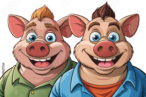 two pig portrait with fashion wear in isolated background cartoon