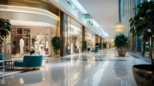 A Luxurious Shopping Arcade Showcasing Elegant Boutiques And Pristine Displays, Bathed In Soft Light And Reflecting In Polished Floors