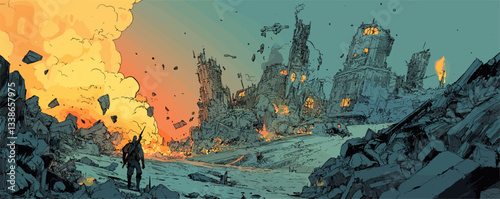 Lone figure observing a massive explosion in a ruined post-apocalyptic cityscape.