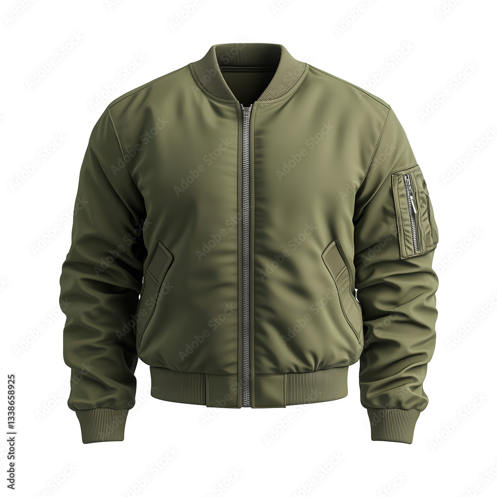 Naklejka premium Olive Green Bomber Jacket: A classic style, perfect for layering. Versatile and fashionable, it adds a touch of coolness to any outfit. Isolated, transparent background, png.
