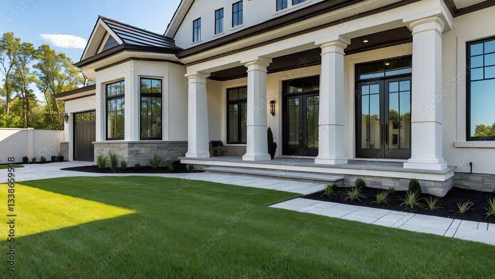 Fototapeta premium Luxury home exterior showcasing elegant columns, lush green yard, and modern architecture under clear blue skies, featuring well-maintained landscaping.