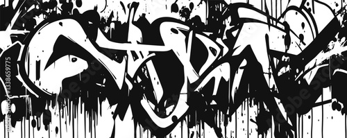Bold black and white urban graffiti art with dynamic abstract patterns.
