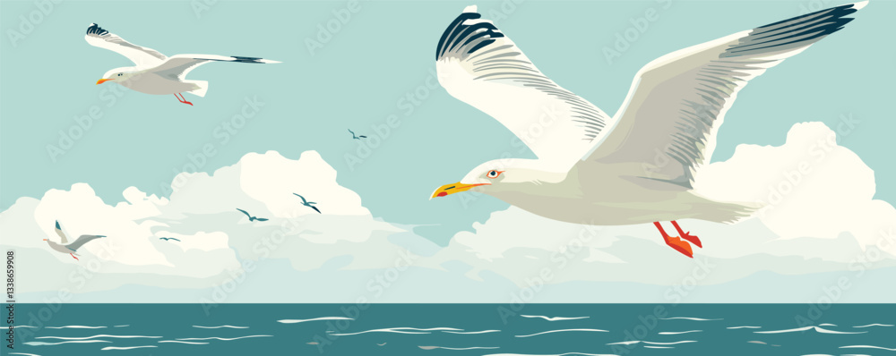 Fototapeta premium Seagulls soaring over ocean waves with a cloudy sky background.