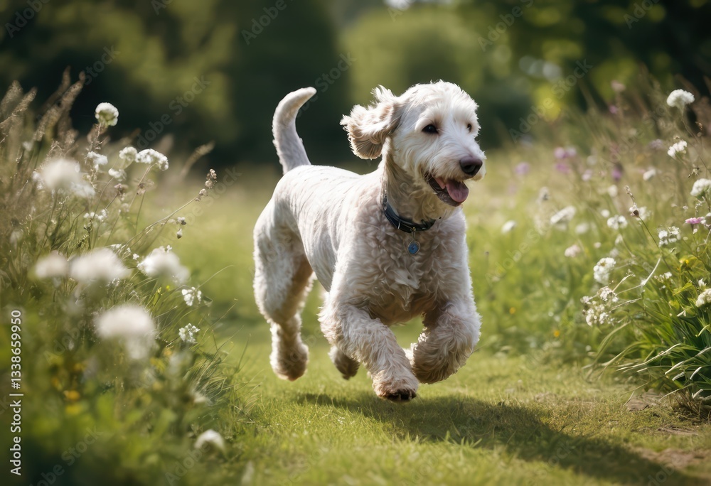 Bedlington terrier dog running outdoors the floral garden of a luxury mansion, doggy playing in the green grass and nature, un a sunny day under a blue sky Bedlington terrier dog running outdoors the floral garden of a luxury mansion, doggy playing in the green grass and nature, un a sunny day under a blue sky