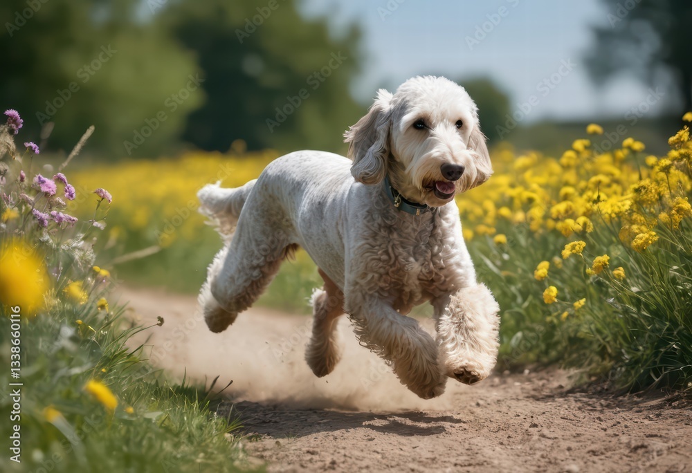 Bedlington terrier dog running outdoors the floral garden of a luxury mansion, doggy playing in the green grass and nature, un a sunny day under a blue sky Bedlington terrier dog running outdoors the floral garden of a luxury mansion, doggy playing in the green grass and nature, un a sunny day under a blue sky