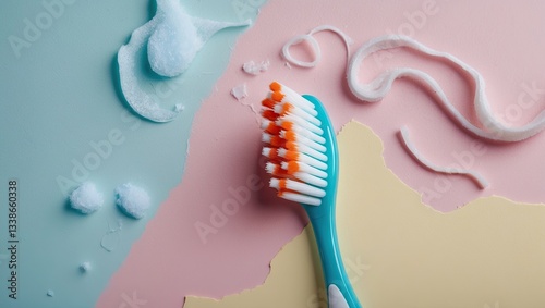 Toothbrush with orange bristles on a pastel turquoise pink and yellow background with dental foam and toothpaste swirls in artistic arrangement photo