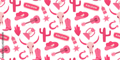 Western-themed seamless pattern with cowgirl icons and pink illustrations