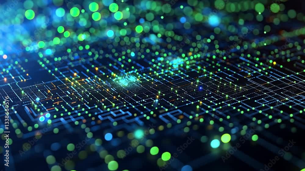 Vibrant digital abstract background featuring glowing particles and circuit patterns, showcasing technology and data flow in futuristic setting.
