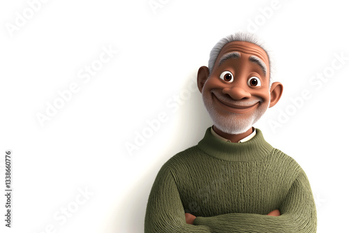 Happy smiling cartoon character old senior elder mature African man person portrait wearing dark green sweater in 3d style design on white background. Human people feelings expression concept